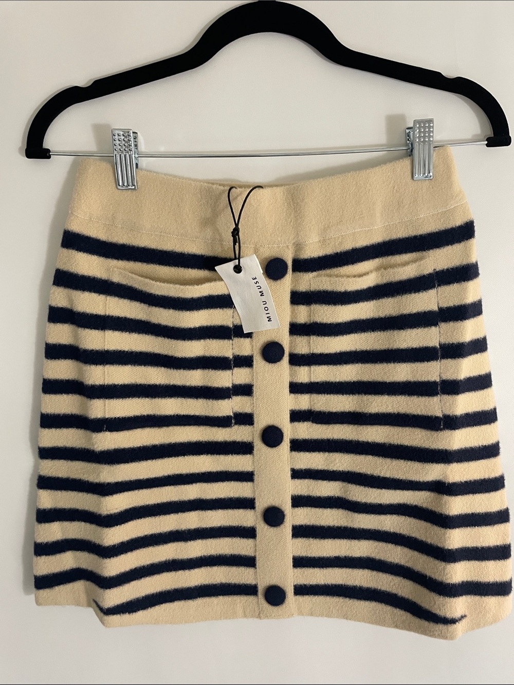 Striped Faux Button-Front Mini Skirt in Cream and Navy